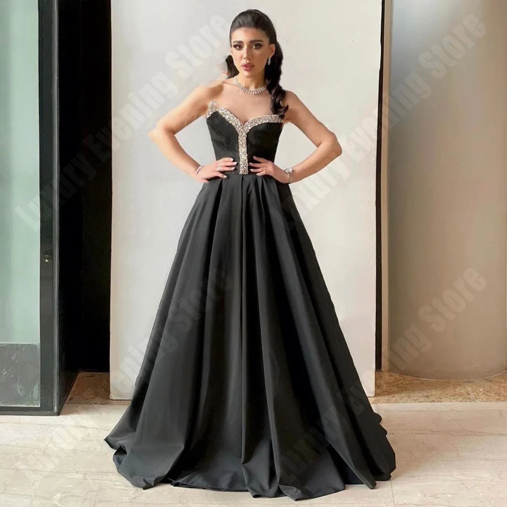 

Vintage Black Satin Women Evening Dresses Elegant Strapless Elegant Party Mermaid Prom Gowns Sweetheart Princess فساتين طويلة