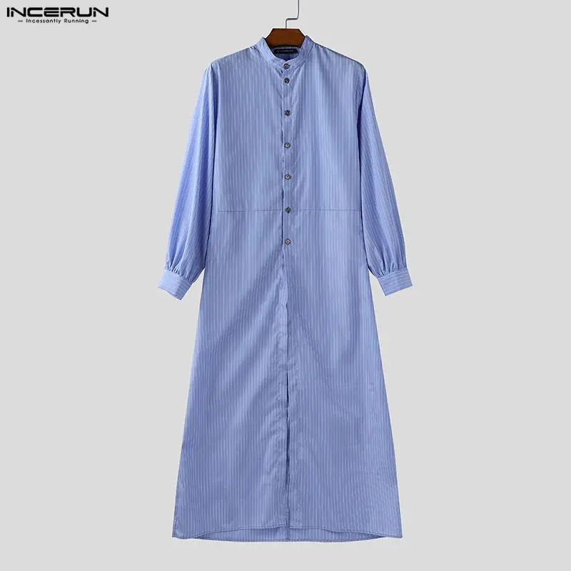 

INCERUN Мужская полосатая рубашка с воротником-стойкой и длинным рукавом на пуговицах, мужская одежда, уличная одежда, свободные модные повседневные длинные стильные рубашки 2025 года