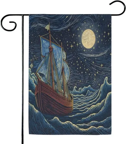 Starry Night Ship Garden Flags Double Sided Yard Flags for Outside, 12x18 XXQ