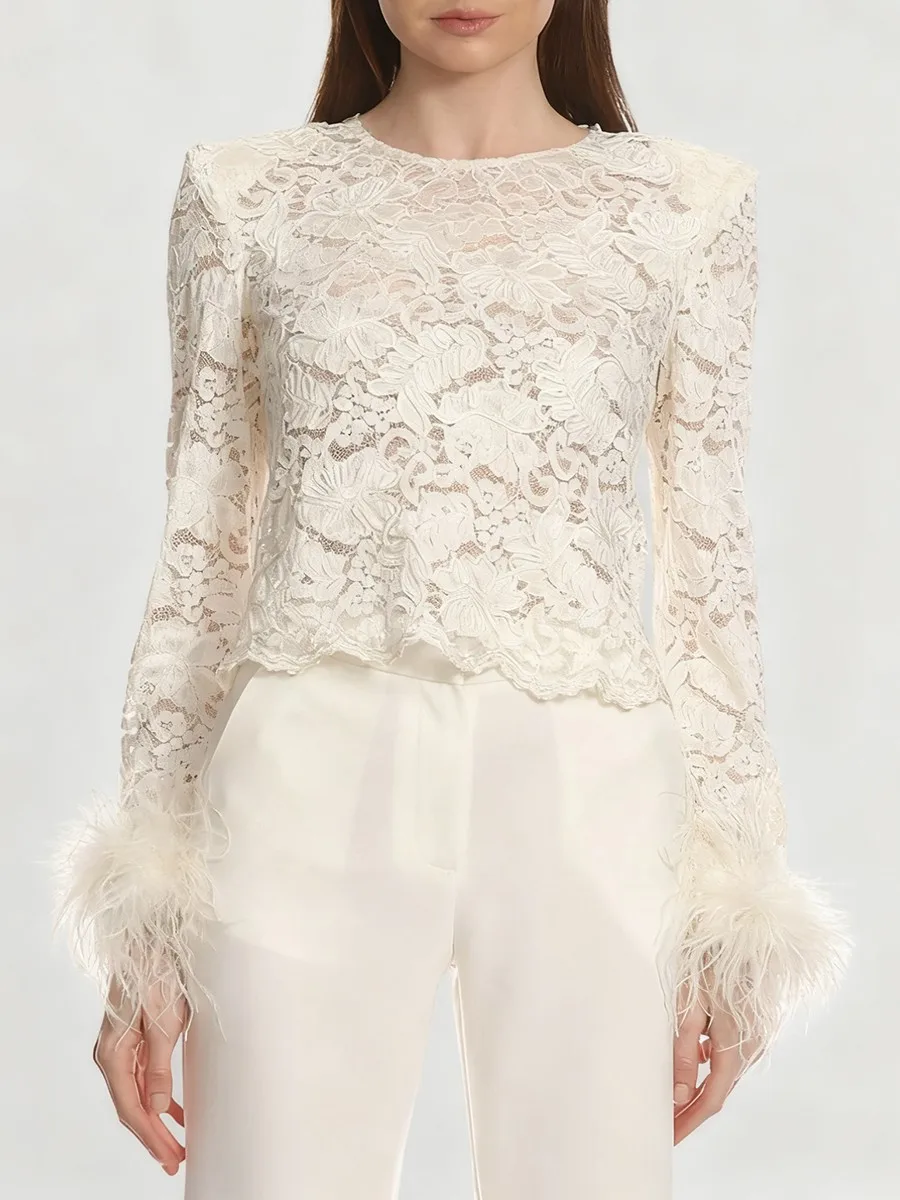 TWOTWINSTYLE Solid Sheer Spliced Lace Elegant T Shirts for Women Round Neck Long Sleeves Patchwork Feathers T Shirt Female New