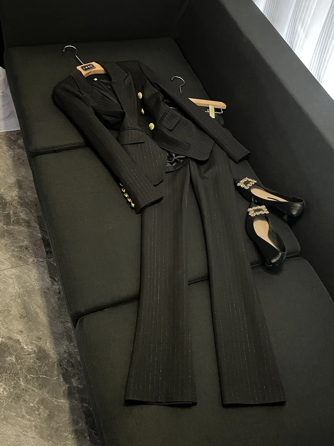 Setelan Jas Profesional Bergaris untuk Wanita Musim Gugur Musim Dingin Slim Fit Dua Potong Pakaian Wawancara Pelajar Pembawa Acara Pakaian Kerja Korporat