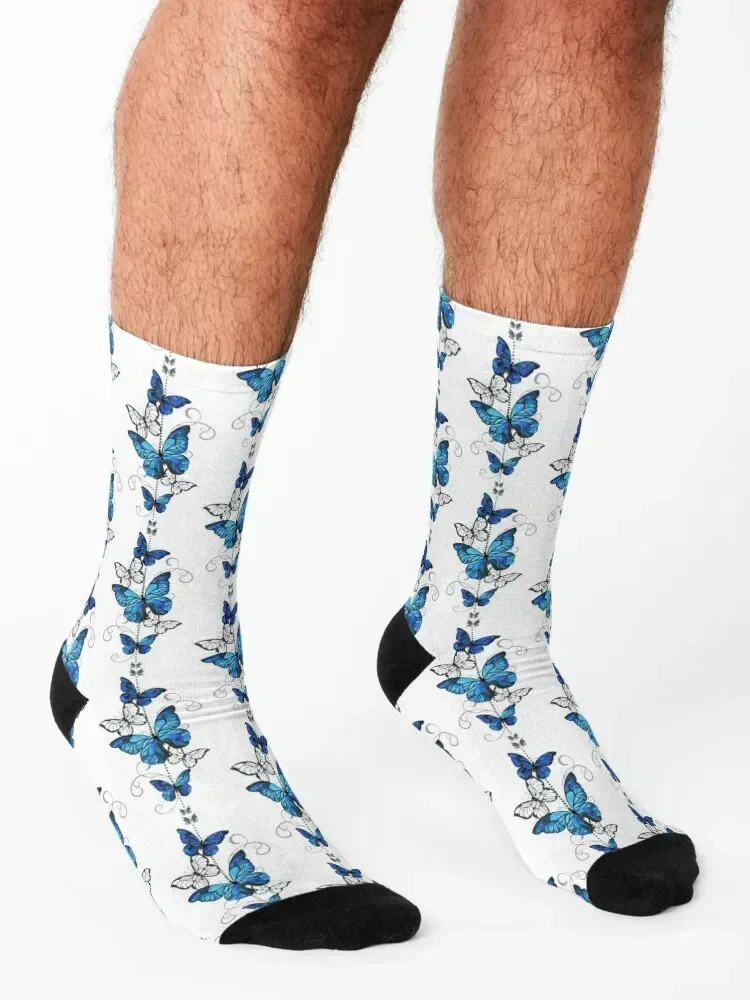 Blue Morpho and White Butterflies Socks New year's with print essential new in's Man Socks Women's