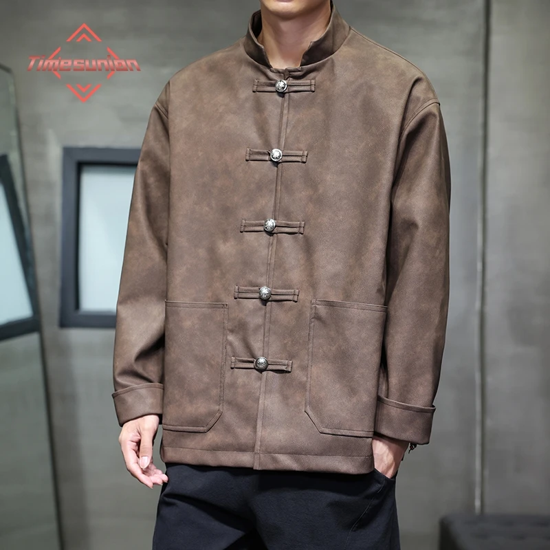 

New Chinese Style Leather Jackets for Man Autumn and Winter Windproof Retro Tang Suit Coat