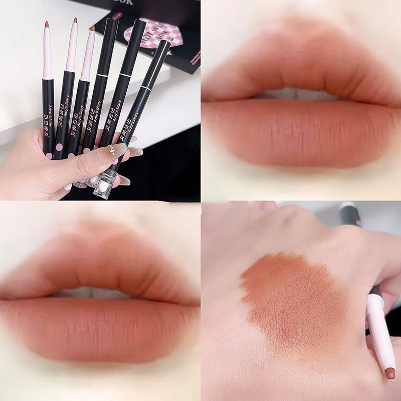 Double-Ended Waterproof Matte Lip Liner Pencil And Brush Outline Lipstick Long-Lasting Non-Stick Cup Natural Lip Makeup 3 Colors