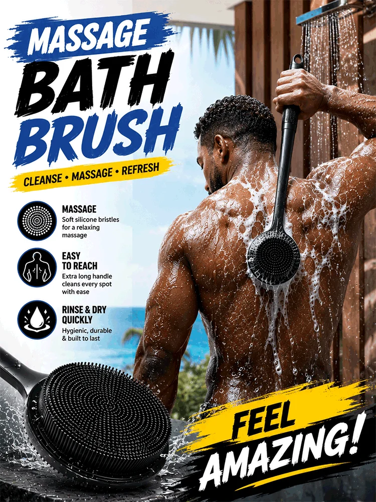 Silicone Back Scrubber for Shower Long Handle Bath Brush Deep Cleansing Exfoliating Massage Body Cleaner