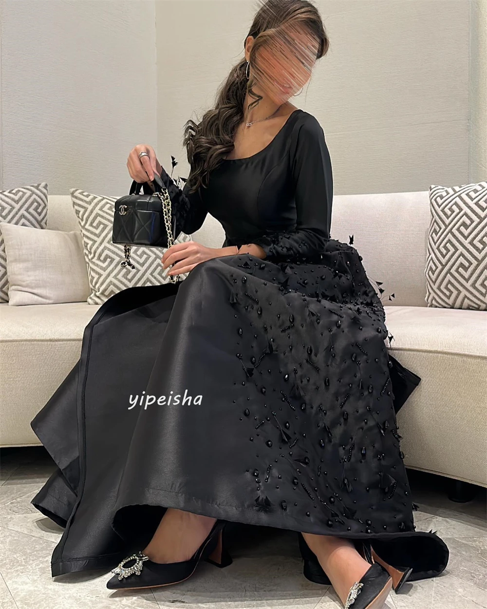 Hochwertige funkelnde exquisite Satin perlen drapiert formelle Abend A-Linie O-Ausschnitt maßge schneiderte Anlass Kleid lange Kleider