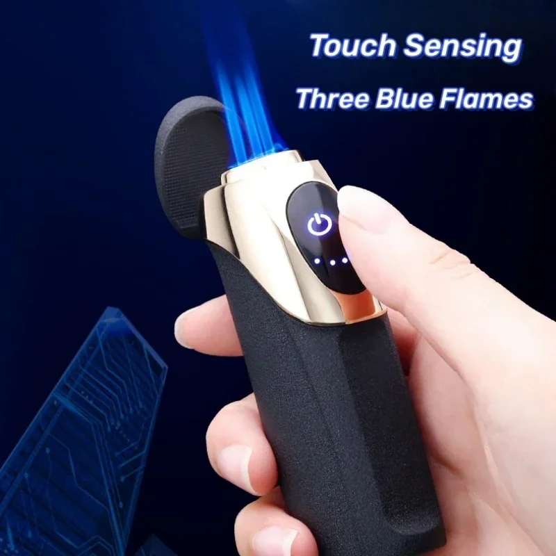 

JOBON Gas and Electric Integrated Lighter Metal Outdoor Windproof Three Blue Flame Jet Touch Sensing Inflatable Cigar Lighter