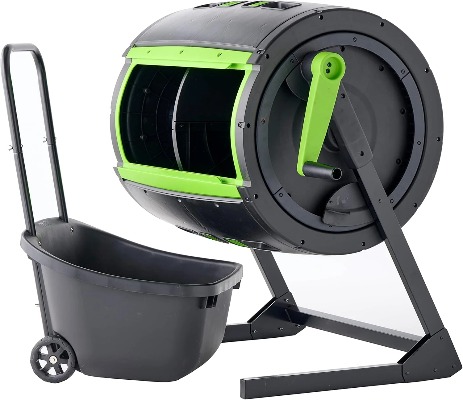 Maze 65 Gallon Dual Chamber Compost Tumbler with Large Double Door and Open Base and Comes with Maze Compost Cart