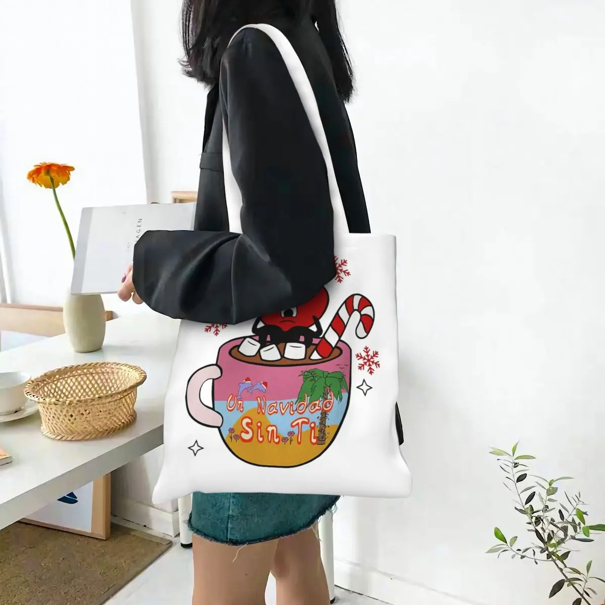 الفن باد باني عيد ميلاد سعيد قماش حمل حقيبة يد أكياس البقالة أكياس المتسوق قابلة لإعادة الاستخدام للنساء #2