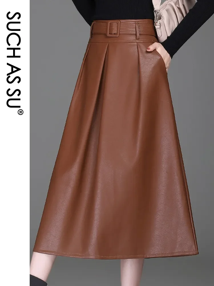 

SUCH AS SU Y2K Autumn Winter New Ladies Black Brown Skirts Pockets Pleated High Waist Female 2021 PU Leather Size Women Skirts