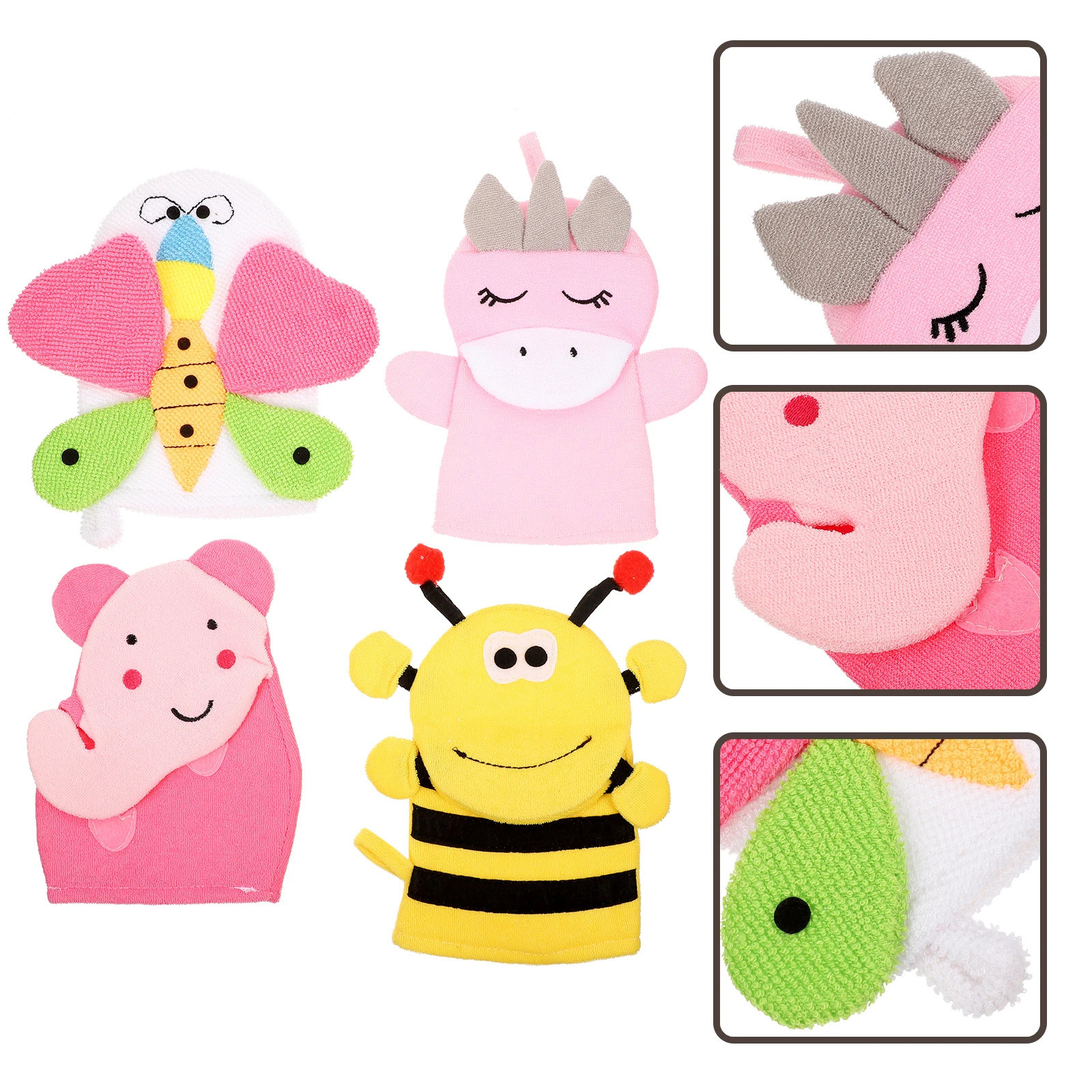 

4pcs Child Cartoon Bath Gloves Adorable Animals Bathing Foaming Exfoliating Body Scrubber Shower Towel Portable Body Cleaning