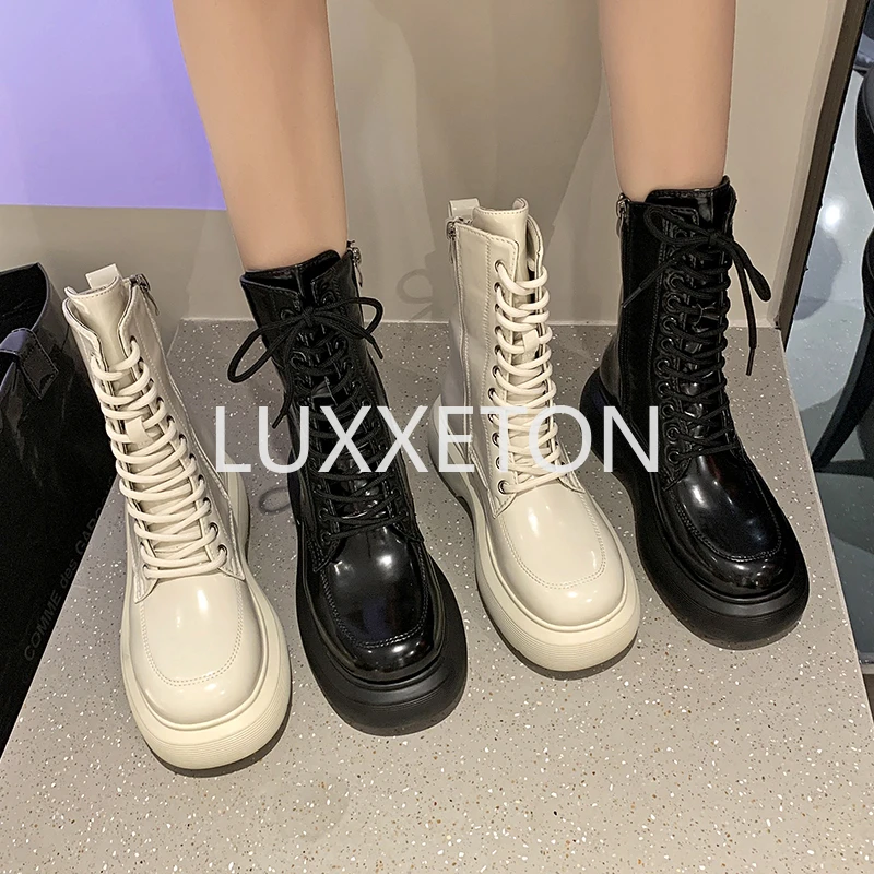 

European and American Round Toe Lace Up Short Boots with Knee Side Zipper Increased Thick Bottom Sponge Cake Motorcycle Boots