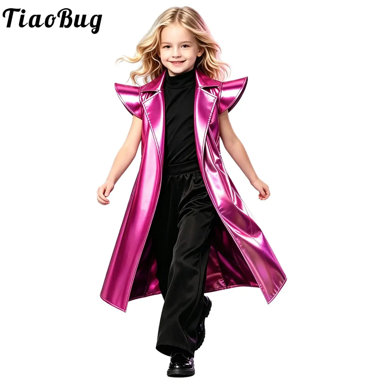 Kids Boys Girls Metallic Trench Coat Cap Sleeve Lapel Open Front Belted Long Jacket Outerwear with Pockets for Disco Party Show