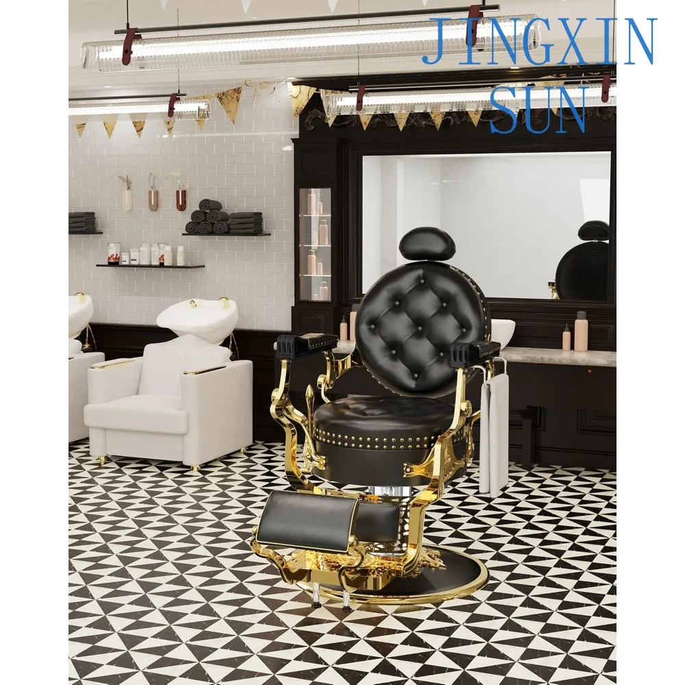 Black and Gold Retro Classic Barber Chair, Heavy-Duty Reclining Barber Chair, Vintage Salon Chair with Exquisite Rivet Design,