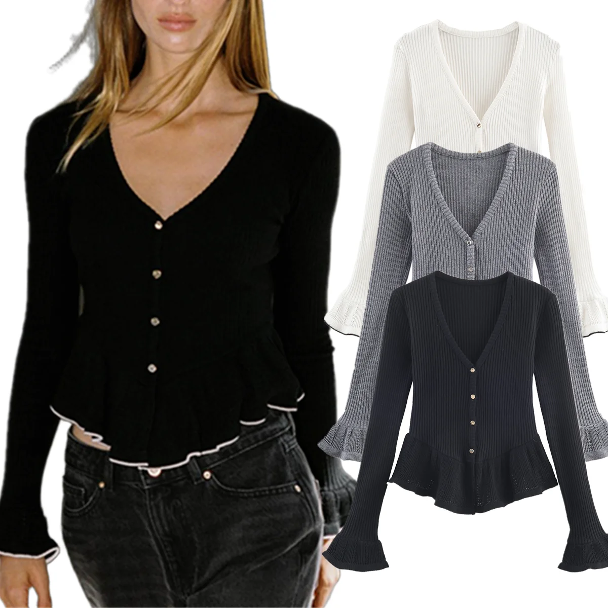 

Jenny&DaveMinimalist Black White Gray Knitted Top French Elegant Layered Ruffle Edge Contrasting Sweater Women's Pullover