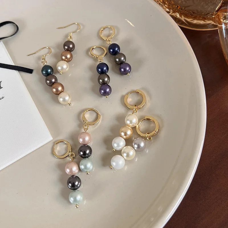 Vintage Gradient Colored Shell Pearl Earrings for Women French Elegant Pearl Ear Cuffs Cool Tone Daily Jewelry