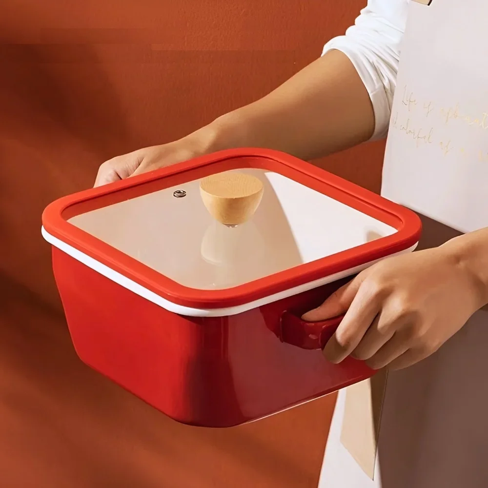 3.3L Square Stew Pot Enamel Vintage Flower Bird Soup Pot Double Handle Cheese Baked Noodles Red Pan Home Kitchen Cookware