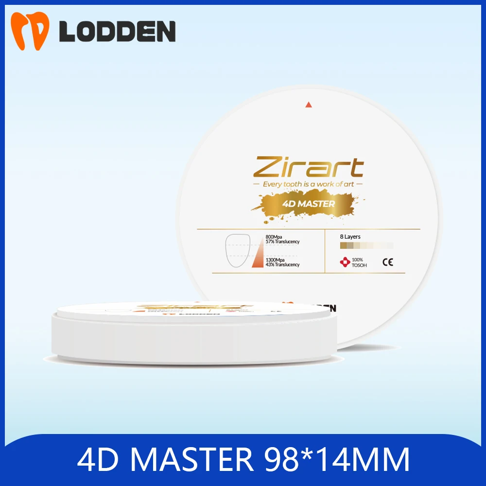 LODDEN 4D MASTER 100% Tosoh 8 Layer Zirconia Dental Multilayer Color For CAD CAM Open System 98x14mm 43%-57% High Strength