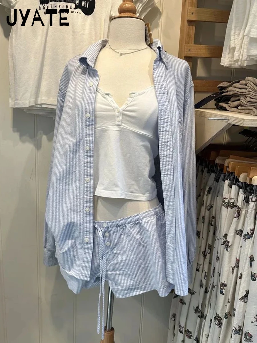 女性のための青いストライプのブラウスとショーツのセット,カジュアルな短いストレートパンツ,ヴィンテージの衣装,ルーズボタン,巾着,甘い,新しいコレクション