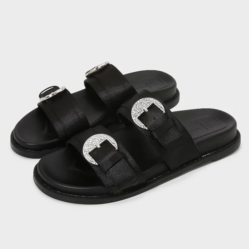 

Black Rhinestone Decoration Brand Flat Slippers Women Fashion Round Toe Buckle Platform Sandals Summer Comfortable Beach Sandals