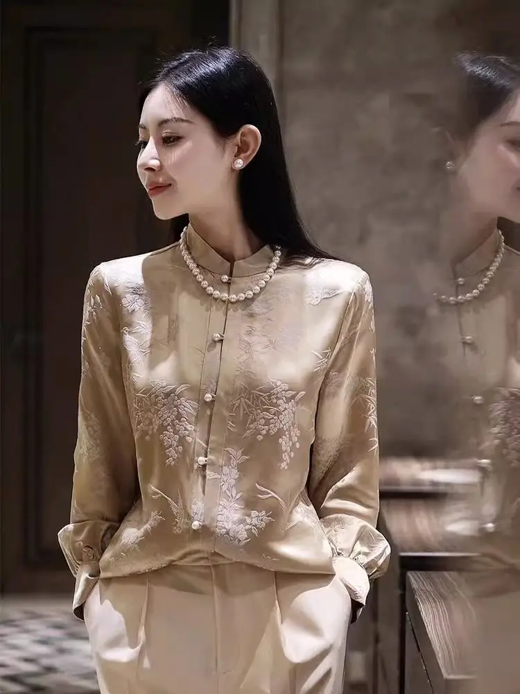 

Chinese Style Tangsuits Traditional Cheongsam Blouse Women Oriental Retro Blouse Long Sleeve Blouse Elegant Jacquard Top