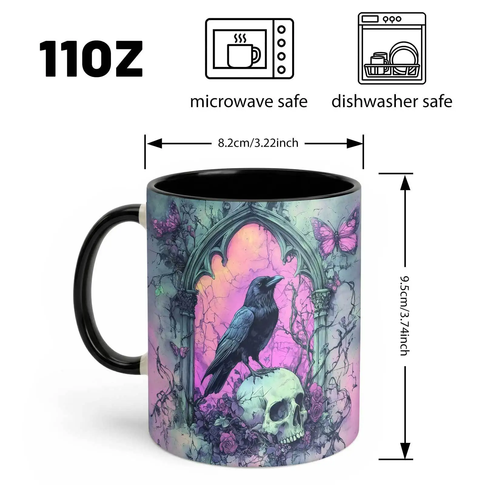 1pc, Raven and Skull, 11oz Color Ceramic Mug, Gothic Floral Butterfly Design Printed, for Home and Office, Halloween Gift, Tumbler, Local Warehouse, Gifts for Men and Women, Friends.