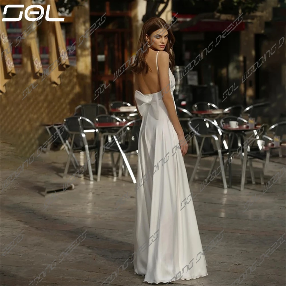 SOL High Leg Split Satin A Line Wedding Bridal Gowns Sexy Floor-Length Spaghetti Straps Low V Neck Backless Bow Bride Dress