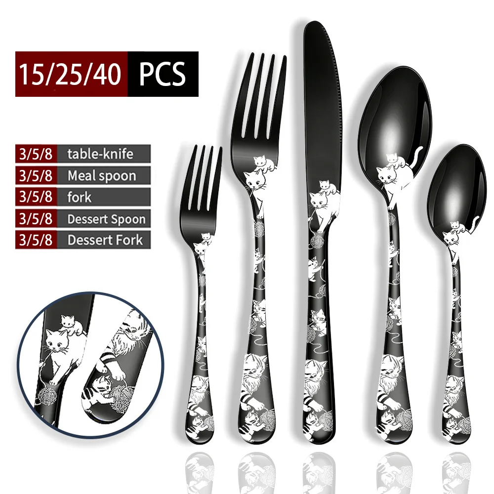 Rose Cat Laser Engraved Tableware Set 4/15/25/40Pcs Stainless Steel Steak Cutlery Knife Fork Spoon Couple Festival Dinnerware