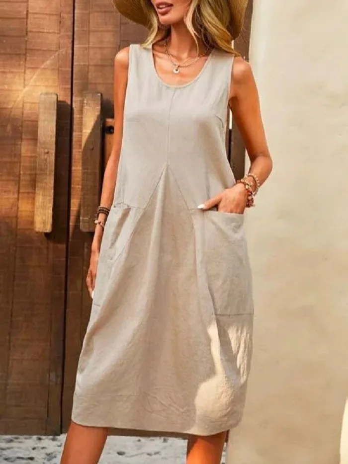 

Casual Cotton Linen Sleeveless Robe Solid Fashion Pockets Loose Harajuku Office Vintage Dress 2023 Women Elegant Dress Vestidos