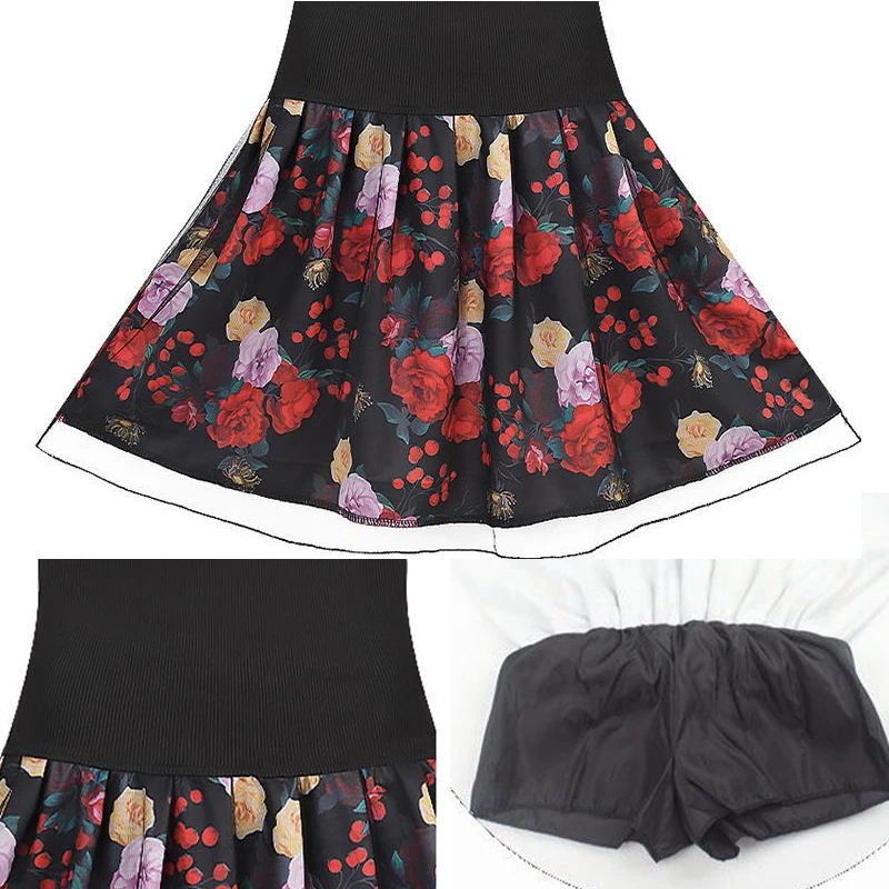 Printed Skirt with Lining and Safety Pants, High Waist