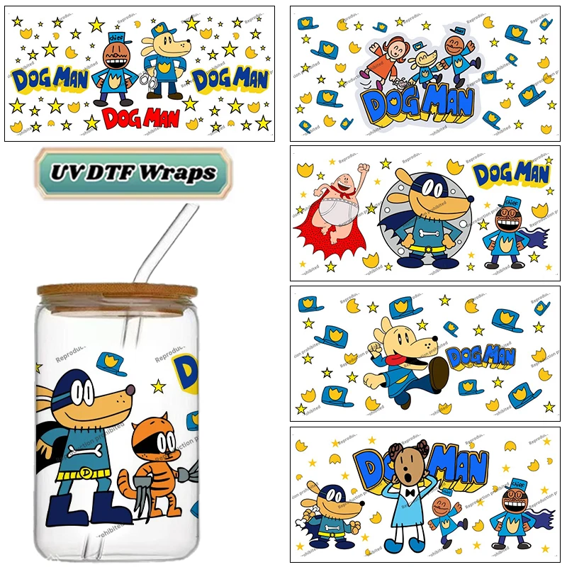 Vinilos DTF UV de Superhéroes para Perros, Pegatinas de Personajes de Dibujos Animados para Latas de Vidrio de 16 oz, Calcomanías de Transferencia DIY Impermeables