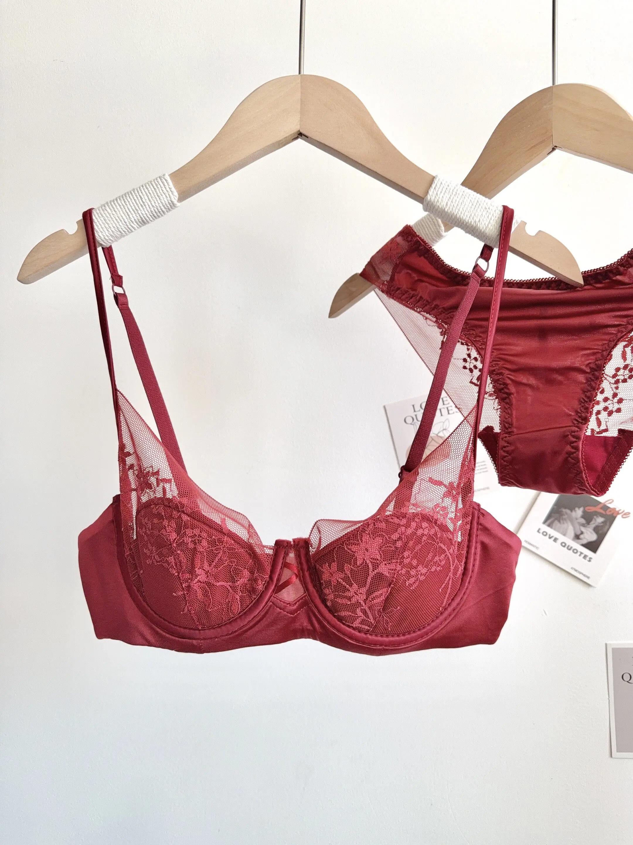 Conjunto de Lencería de Encaje Cómodo para Mujer, Sujetador con Aros Suaves, Copa Delgada, Push-Up, Transpirable, Ropa Interior para Mujeres con Busto Pequeño