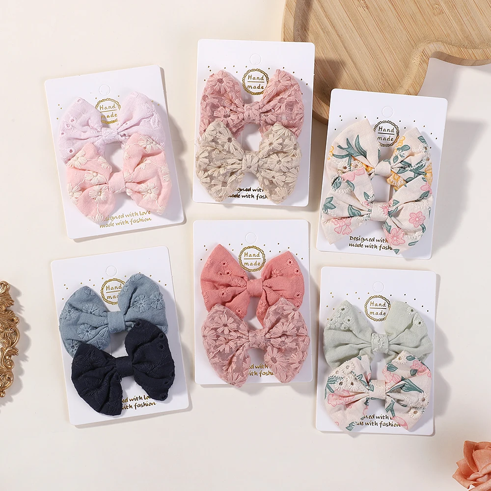 2Pcs/lot Handmade Embroidery Hair Bows Hair Clip for Kids Hair Accessories Lovely Cotton Hairpins Cheer Bow Barrette for Girl