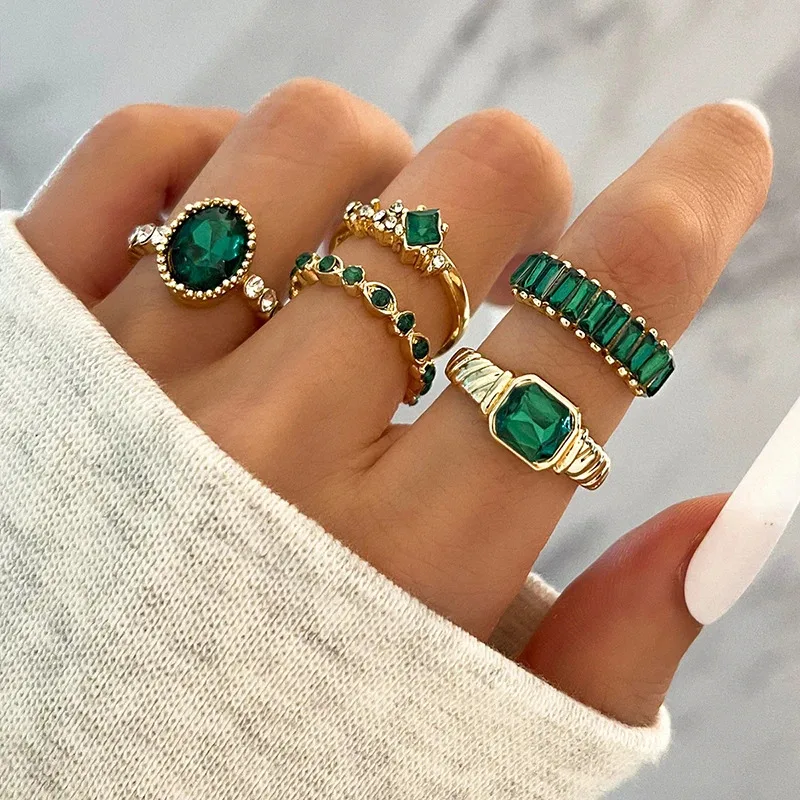 

Found Form 5Pcs Green Rhinestone Rings Set Women Geometric Crystal Bohemian Vintage Stackable Ring Jewelry Wedding Gift