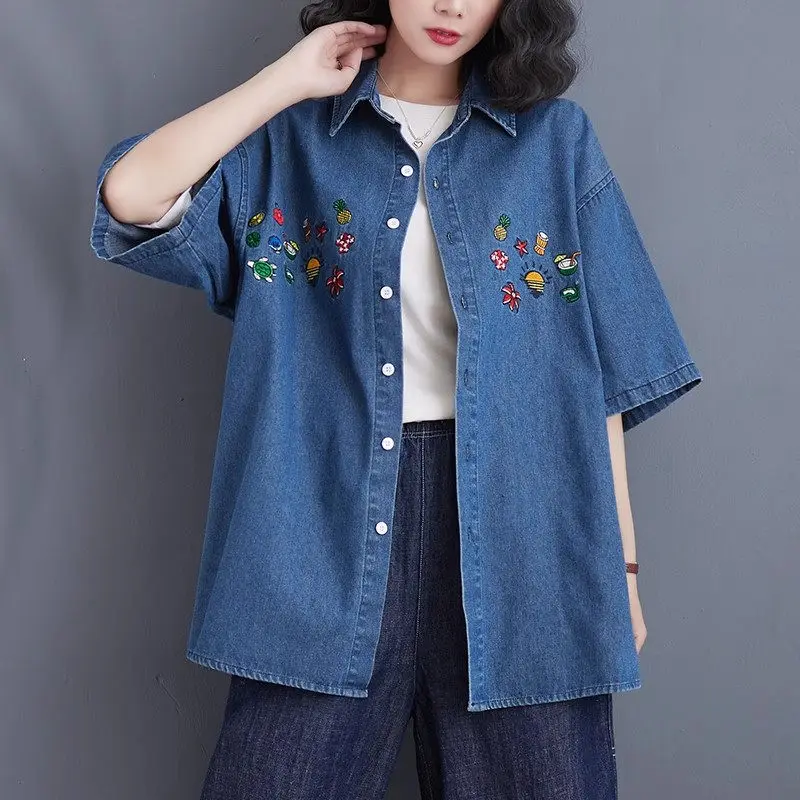 

Retro Cartoon Embroidery Design Short Sleeved Denim Shirt Jacket Women Loose Summer Jeans Top Casual Coat Z1457S