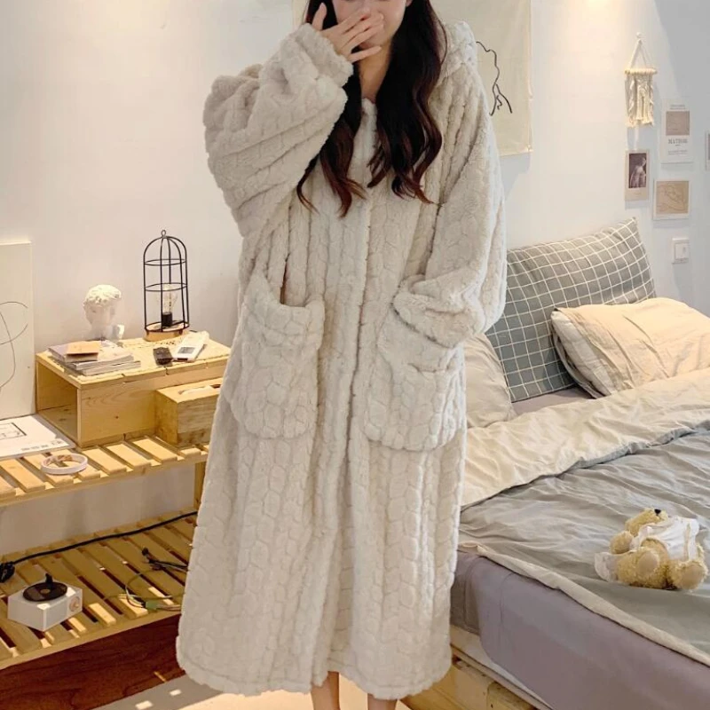 Lovely Robes Women Loose Hooded Coral Velvet Winter Thicken Furry Sweet Sleepwear Harajuku Homewear Lounge Popular Female Chic