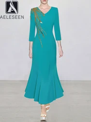 AELESEEN Elegant Long Trumpet Dress Women Spring Summer V-Neck Slim Luxury Sequined Beading Design Fashion Party Office Ladies