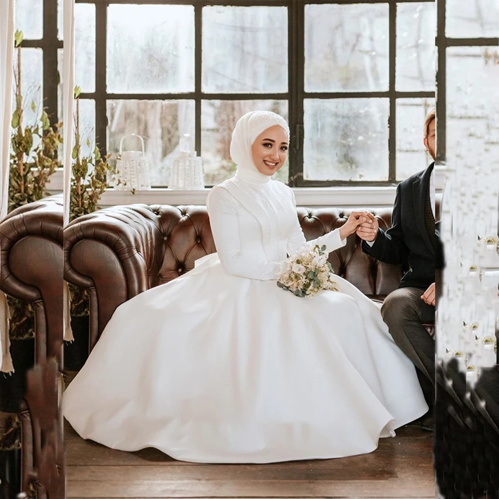 

Muslim Weeding Dresses with Hijab Long Sleeve Ankle Length A-Line Bride Dress with Beading Bow Modest Bridal Gowns Customized