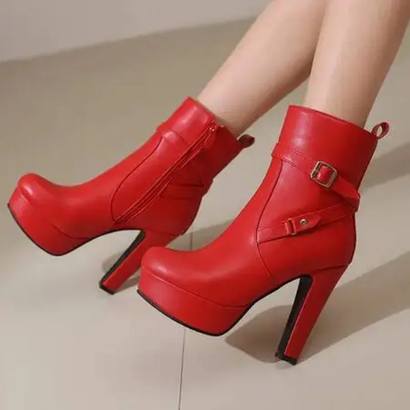 Botas De Mujer White Ankle Boots Women Fashion Zipper Leather High Heels Autumn Winter Goth Shoes Super Big Size 48 49 50