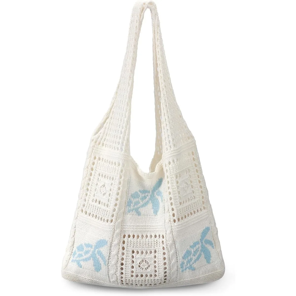 

White Hollow Knit Tote Bag with Blue Turtle Pattern, Lightweight Crochet Shoulder Bag, Casual Summer Beach Handbag for Women Daily Travel