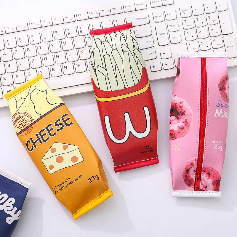 PU Leather Pencil Bag Creative Snack Popcorn Cheese French Fries Donuts Egg Pencil Cases Stationery Storage Box