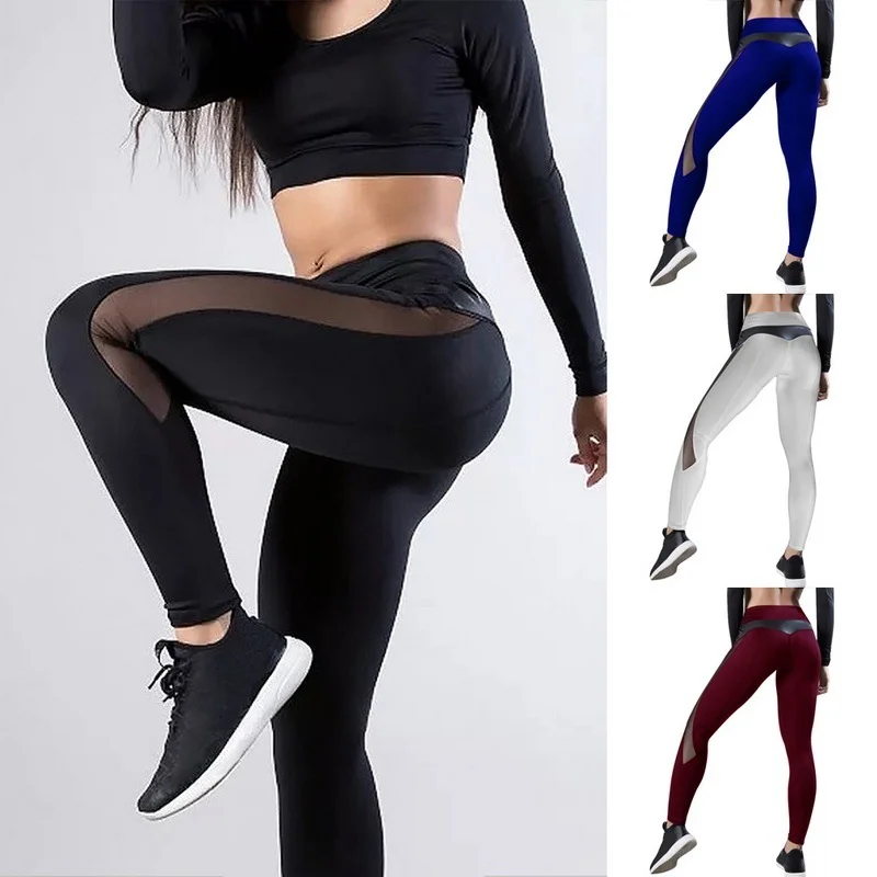 Kobiece seksowne sportowe spodnie do jogi Mesh PU Patchwork Hip Lifting Gym Fitness Legginsy Wysoka talia Bezszwowe legginsy Letnie ubrania Nowe