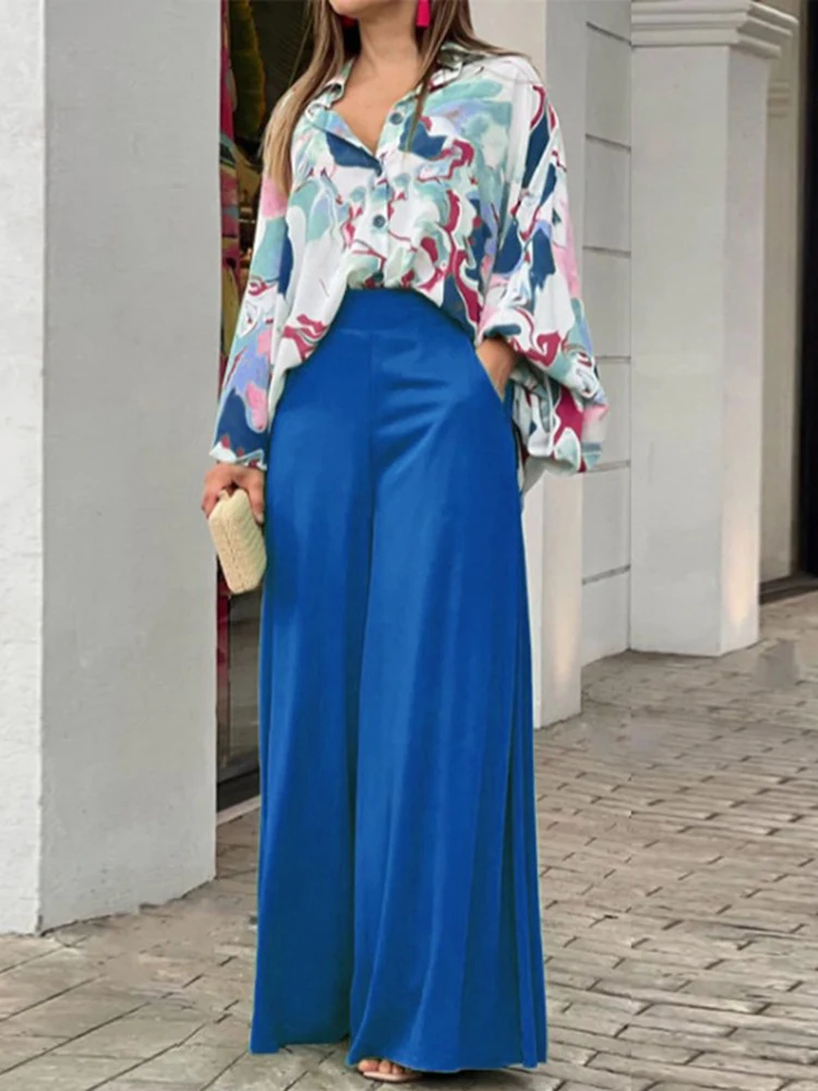 Women Fashion Batwing Sleeve Wide Leg Two Piece Sets Womens Fall Elegant Long Pants Ladies Office Shirt 2 Piece Sets Clothes