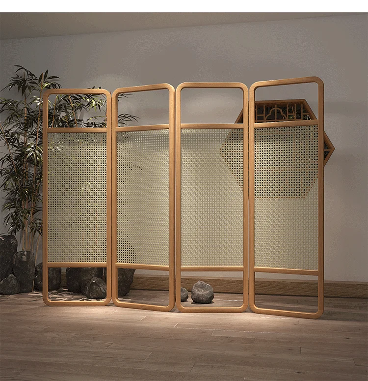 

Japanese-style solid wood rattan screen partition Chinese folding mobile blocking living room entrance tea area hotel B & B