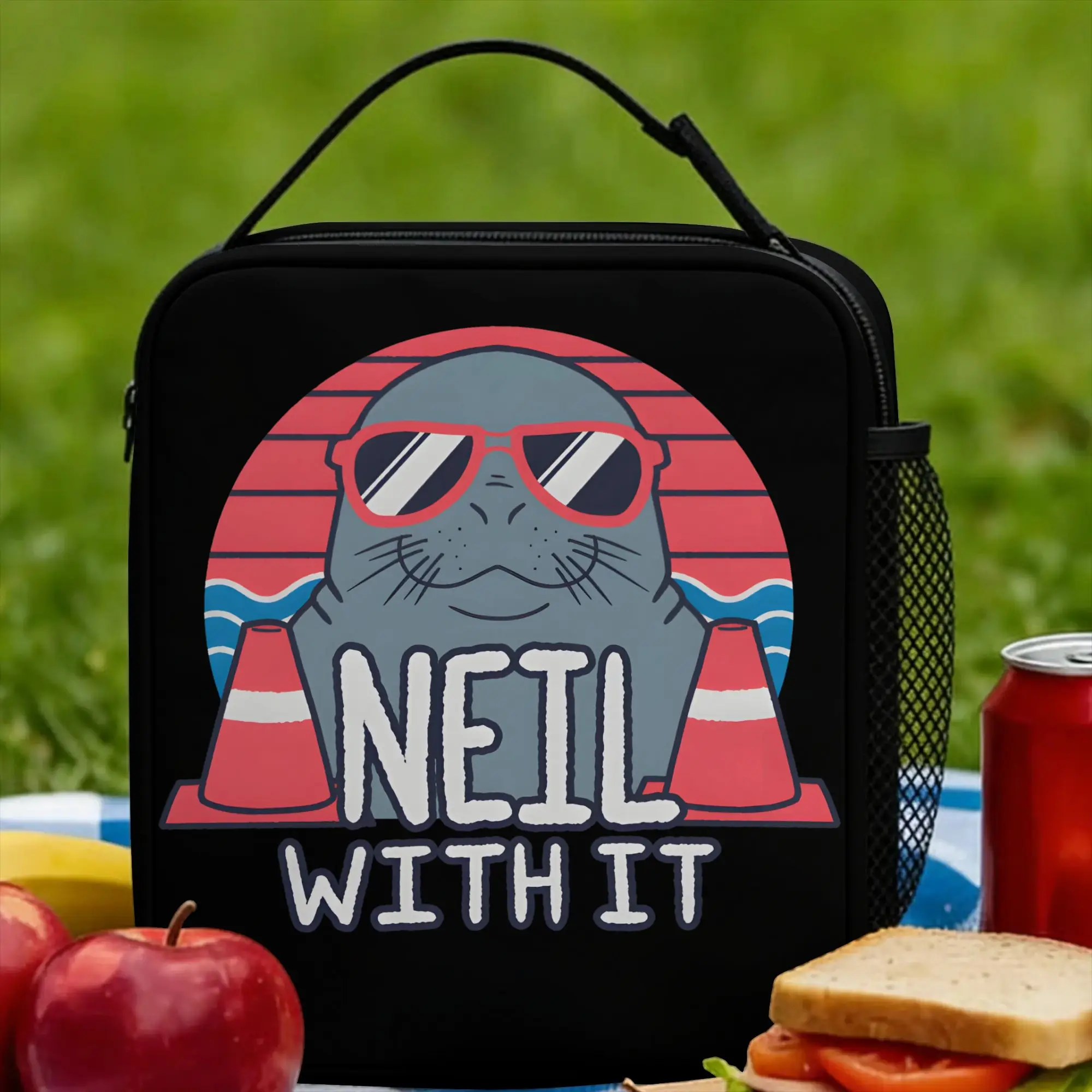 Neil The Seal  Lunch Bag For Child Deal With It  Designer Lunch Box Aesthetic Travel Cooler Bag Portable Thermal Tote Handbags