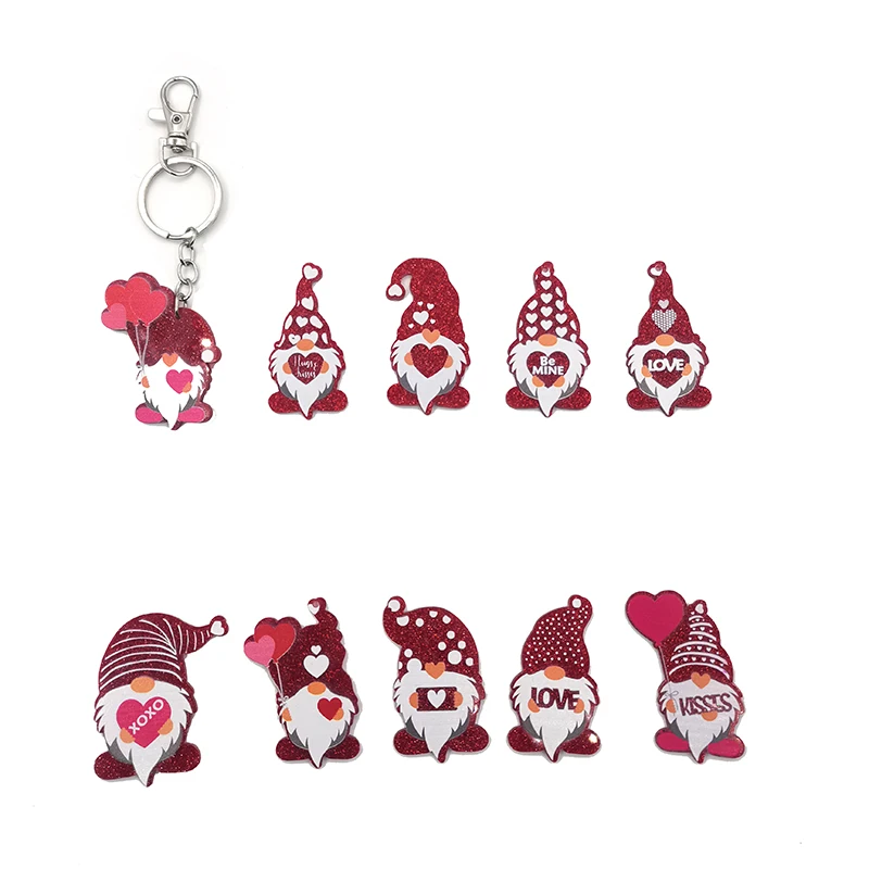 New Glitter Acrylic Valentine\'s Day Gnome Love Heart Keychain Cute Anime dwarf Bag Car Pendant Nurse Day Gift