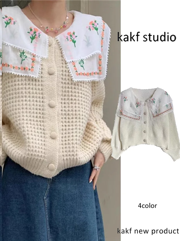 Cárdigan de punto Ele Long Sve para mujer, suéter de retazos bordado con cuello de muñeca dulce, prendas de vestir exteriores elegantes de otoño