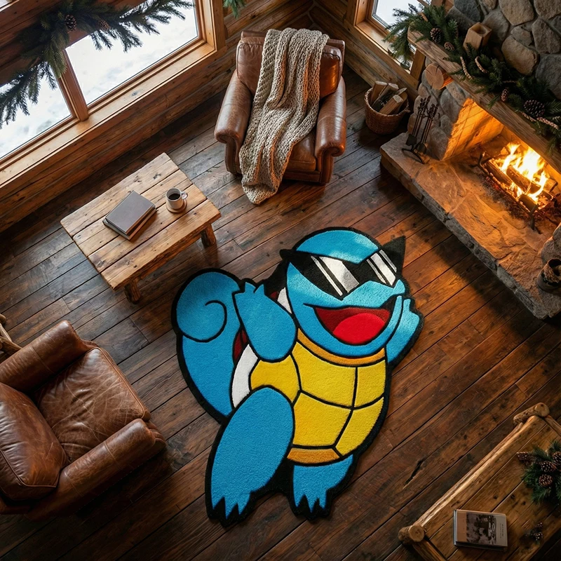 Sunglass-Wearing Squirtle Rug: Fun Blue-Yellow Pokémon Plush Mat