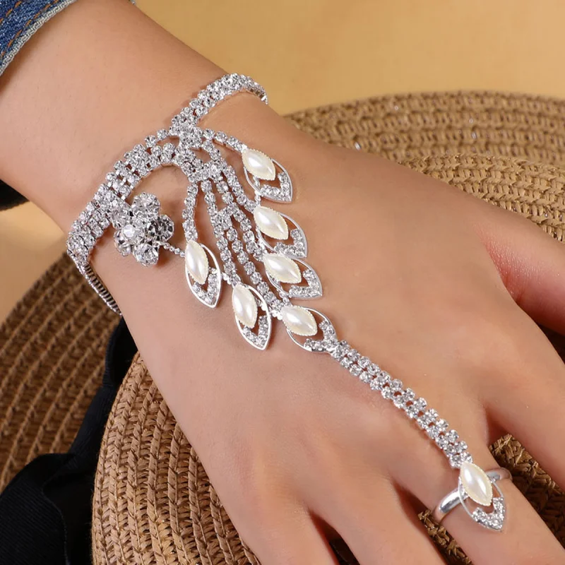 

European and American Style Women's Rhinestone Bracelet Heart Stage Performance Back Chain Bracelet Ring Integrated Chain Inlaid