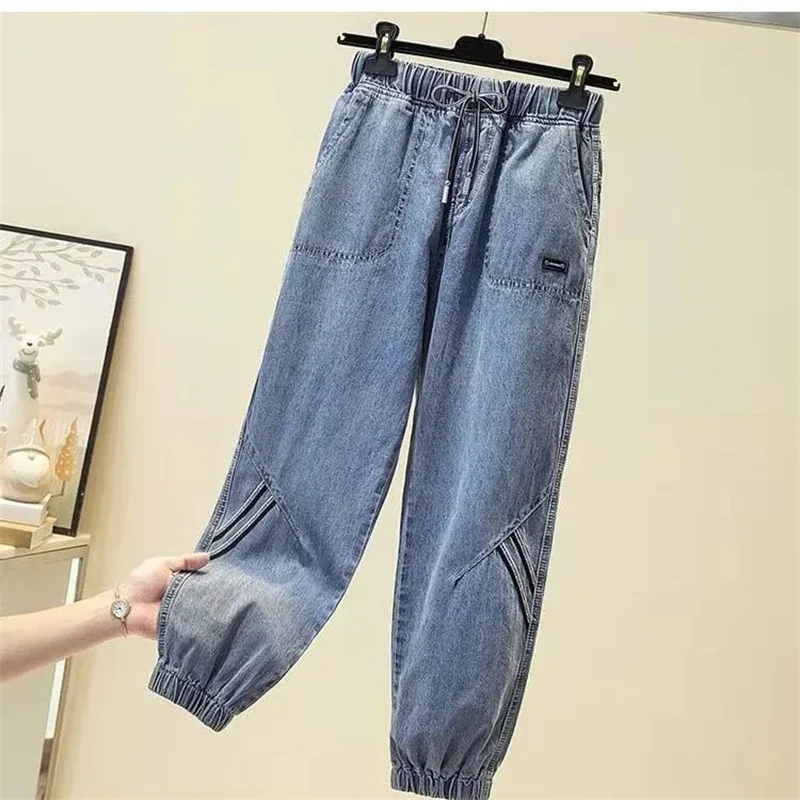Women's Jeans Spring Autumn Stretch Waist Denim Pants Large Size Loose Female Casual Nine Point Harlan With Bound Feet Pants ﻿